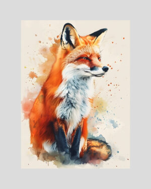 Affiche d’un renard roux assis en aquarelle, style animalier moderne avec éclaboussures colorées sur fond clair
