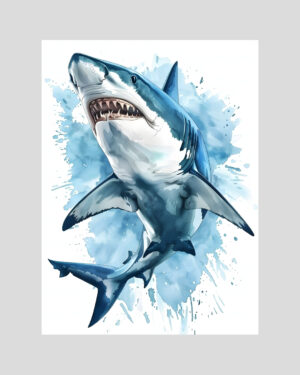 Affiche aquarelle d’un requin bleu puissant, illustration artistique marine et dynamique