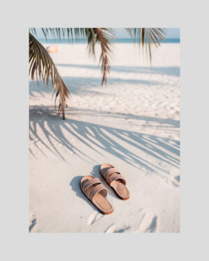 Affiche décorative de sandales posées sur une plage de sable blanc en Guadeloupe avec ombre de palmier