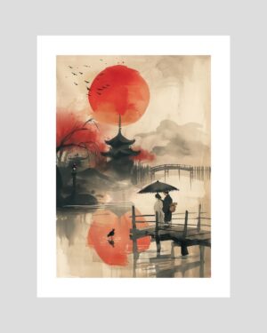 Affiche d’un temple japonais au crépuscule avec soleil rouge et personnages à l’ombrelle, style encre poétique