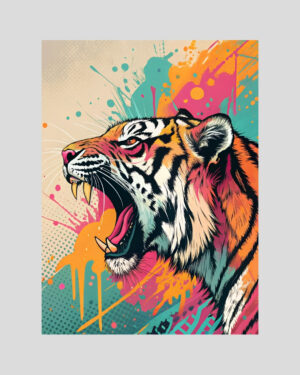 Affiche pop art d’un tigre rugissant sur fond éclaboussé de couleurs vives style urbain