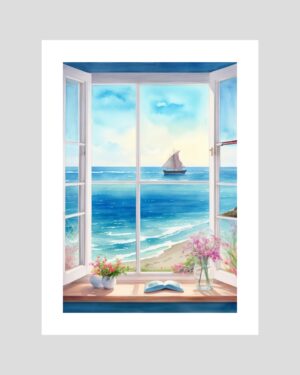 Affiche artistique représentant une fenêtre ouverte avec vue sur la mer et un voilier au loin